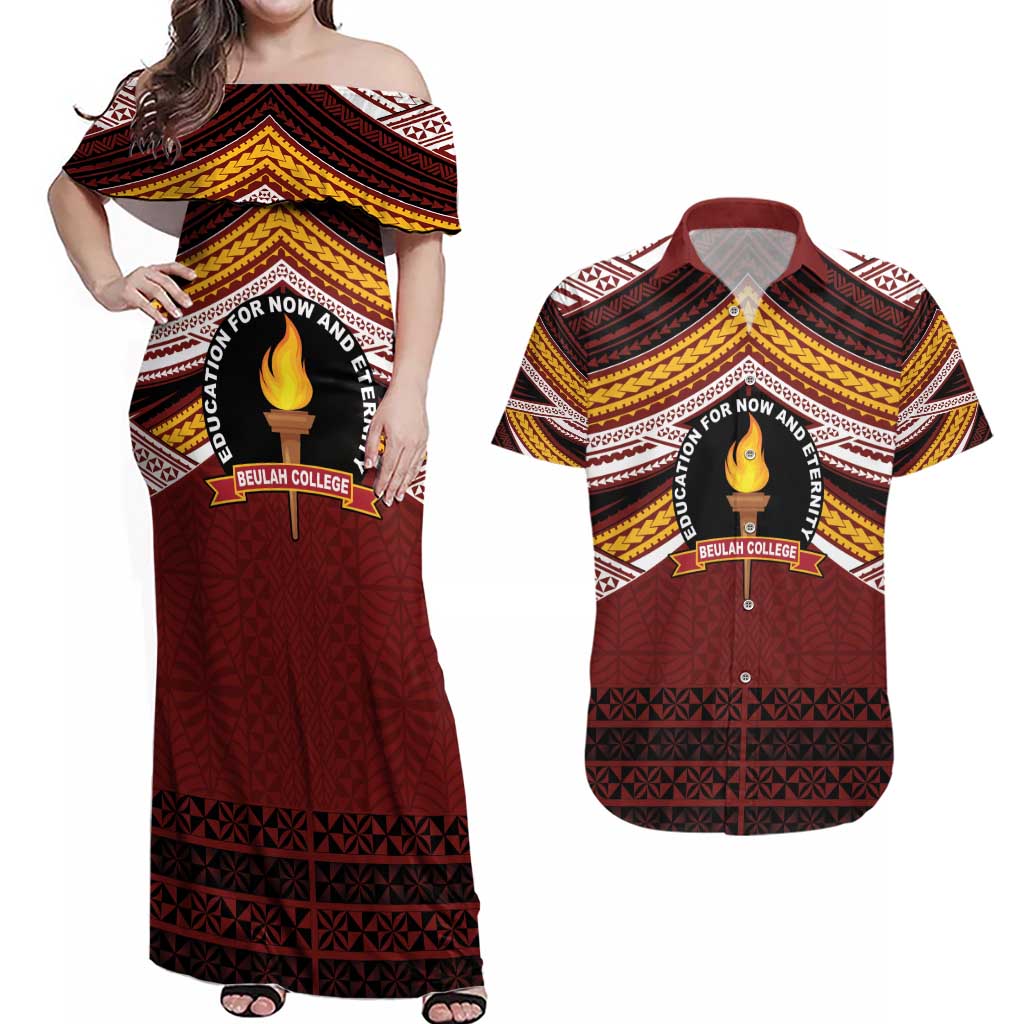 Personalised Tonga Beulah College Couples Matching Off Shoulder Maxi Dress and Hawaiian Shirt Polynesian Ngatu Tribal