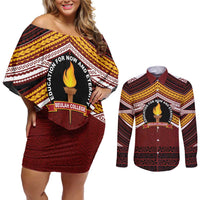 Personalised Tonga Beulah College Couples Matching Off Shoulder Short Dress and Long Sleeve Button Shirt Polynesian Ngatu Tribal