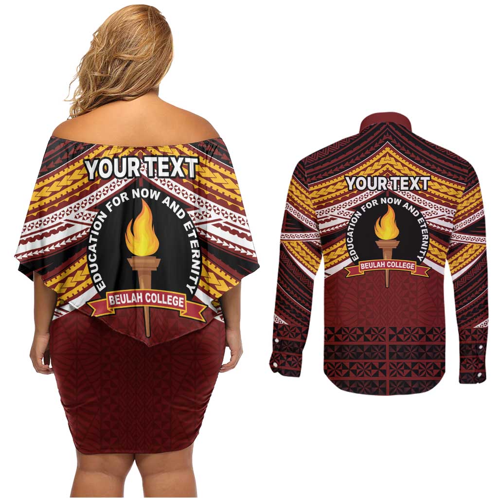 Personalised Tonga Beulah College Couples Matching Off Shoulder Short Dress and Long Sleeve Button Shirt Polynesian Ngatu Tribal