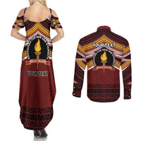 Personalised Tonga Beulah College Couples Matching Summer Maxi Dress and Long Sleeve Button Shirt Polynesian Ngatu Tribal