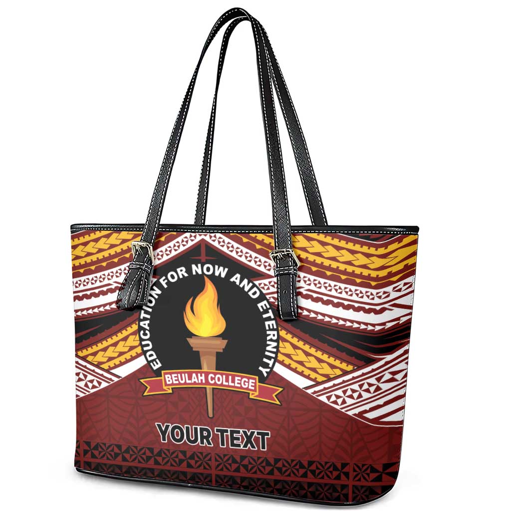 Personalised Tonga Beulah College Leather Tote Bag Polynesian Ngatu Tribal
