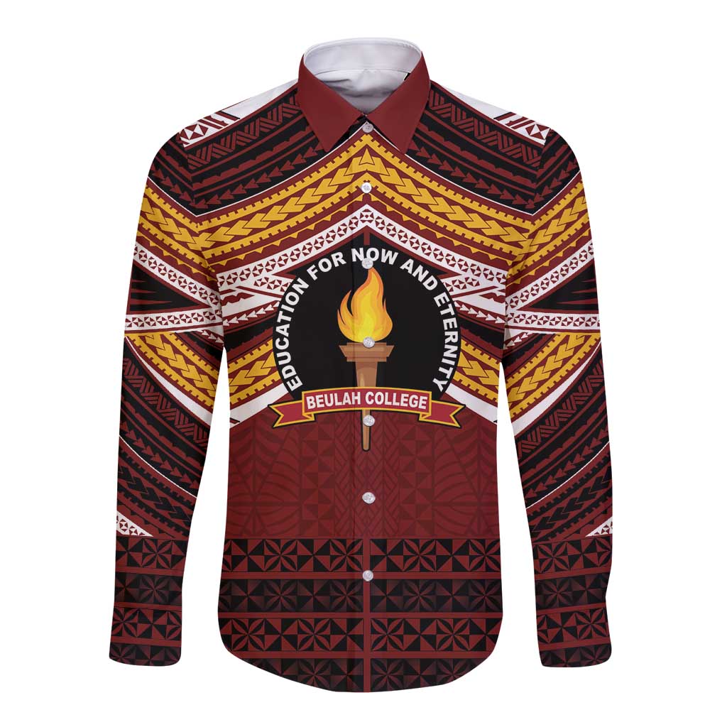 Personalised Tonga Beulah College Long Sleeve Button Shirt Polynesian Ngatu Tribal