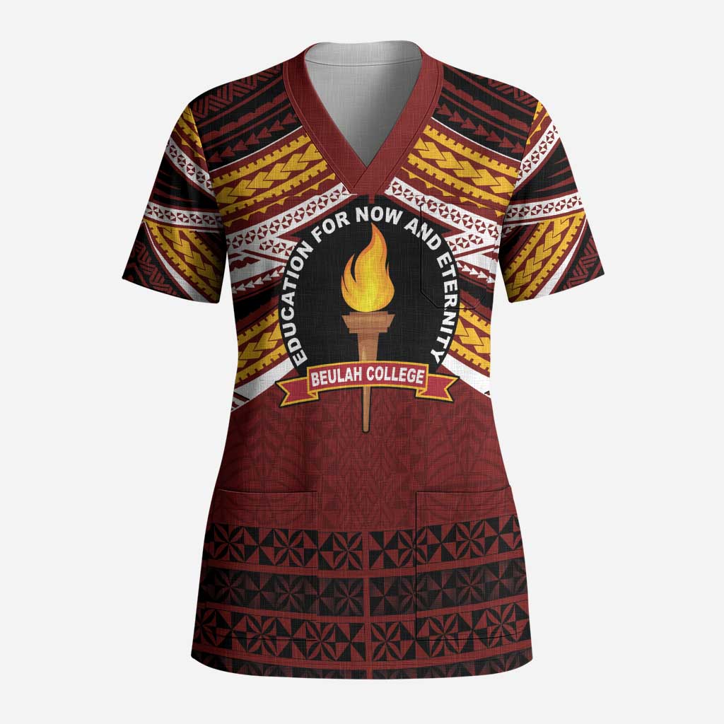 Personalised Tonga Beulah College Scrub Top Polynesian Ngatu Tribal - Polynesian Pride