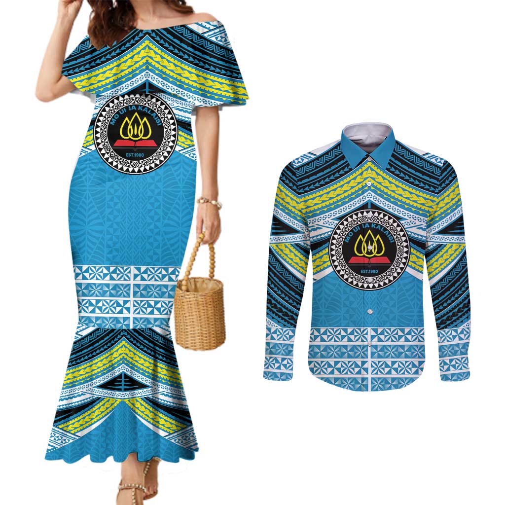 Personalised Tonga Lavengamalie College Couples Matching Mermaid Dress and Long Sleeve Button Shirt Polynesian Ngatu Tribal