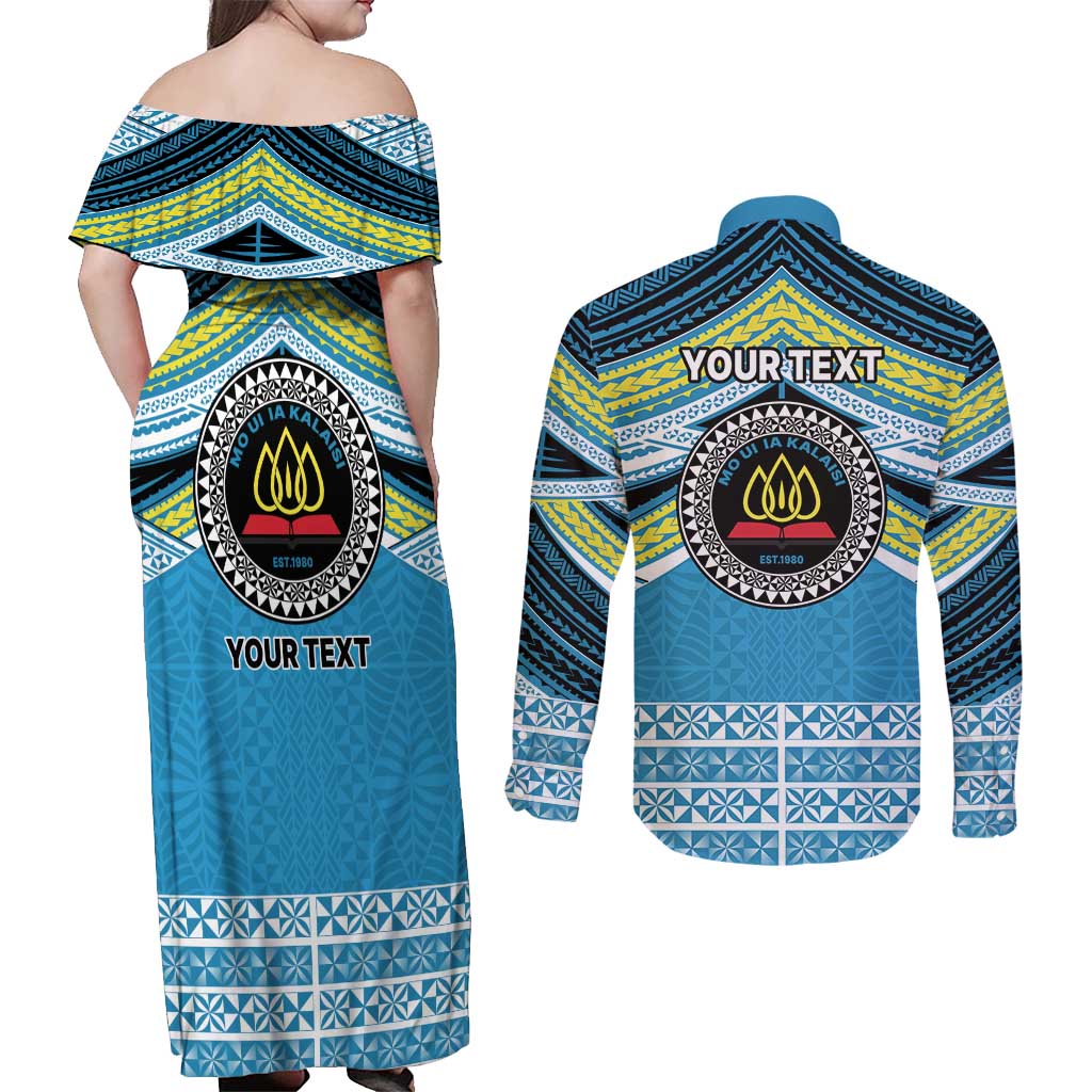 Personalised Tonga Lavengamalie College Couples Matching Off Shoulder Maxi Dress and Long Sleeve Button Shirt Polynesian Ngatu Tribal