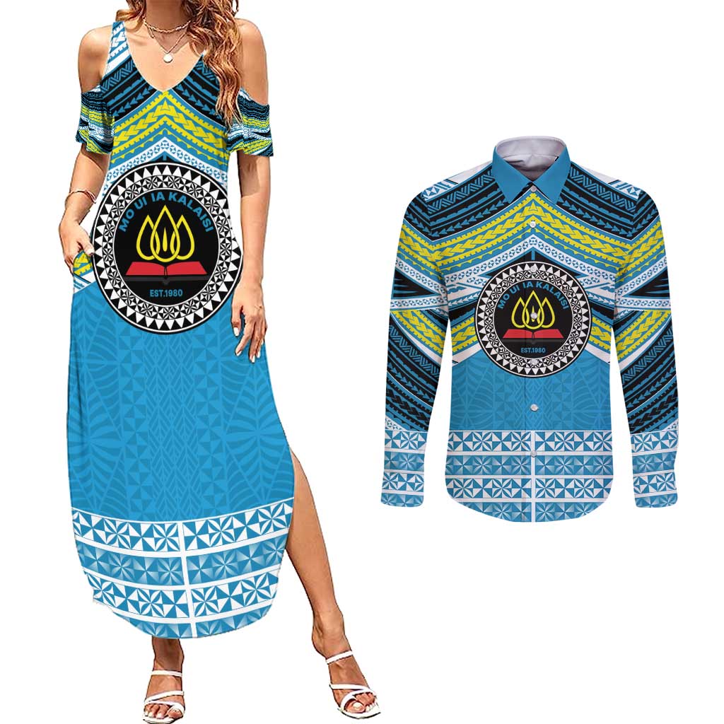 Personalised Tonga Lavengamalie College Couples Matching Summer Maxi Dress and Long Sleeve Button Shirt Polynesian Ngatu Tribal