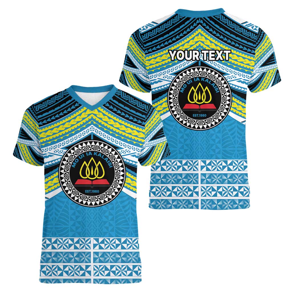 Personalised Tonga Lavengamalie College Women V-Neck T-Shirt Polynesian Ngatu Tribal