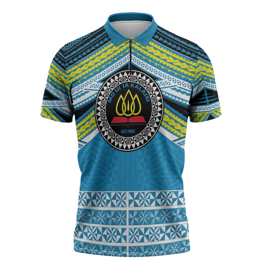 Personalised Tonga Lavengamalie College Zipper Polo Shirt Polynesian Ngatu Tribal - Polynesian Pride