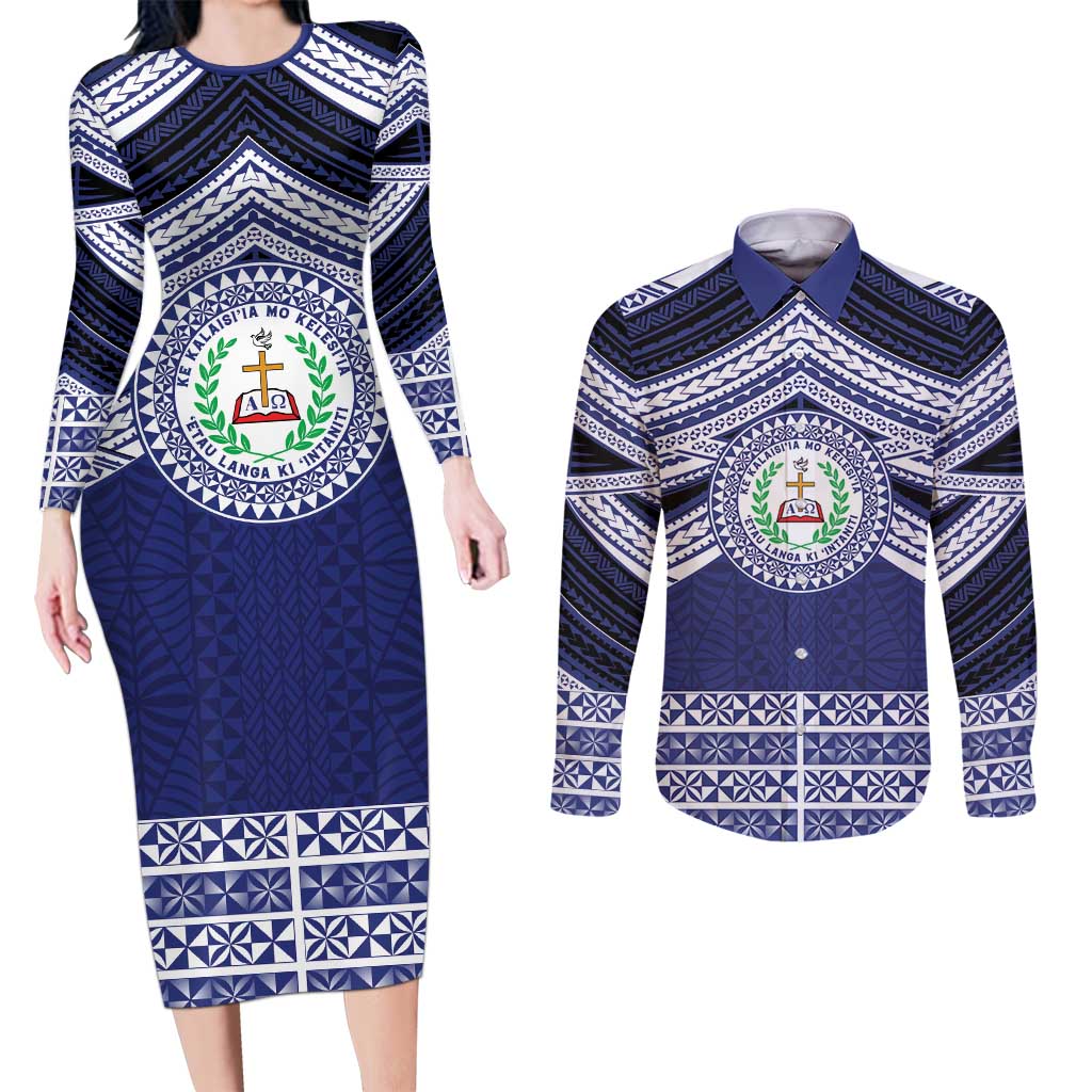 Personalised Tonga Sia'atoutai Theological College Couples Matching Long Sleeve Bodycon Dress and Long Sleeve Button Shirt Polynesian Ngatu Tribal