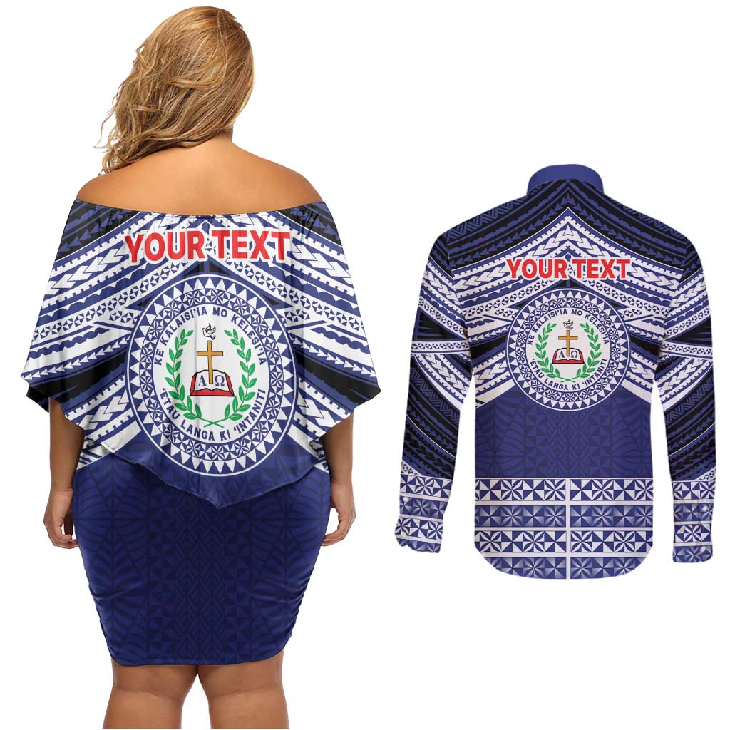 Personalised Tonga Sia'atoutai Theological College Couples Matching Off Shoulder Short Dress and Long Sleeve Button Shirt Polynesian Ngatu Tribal