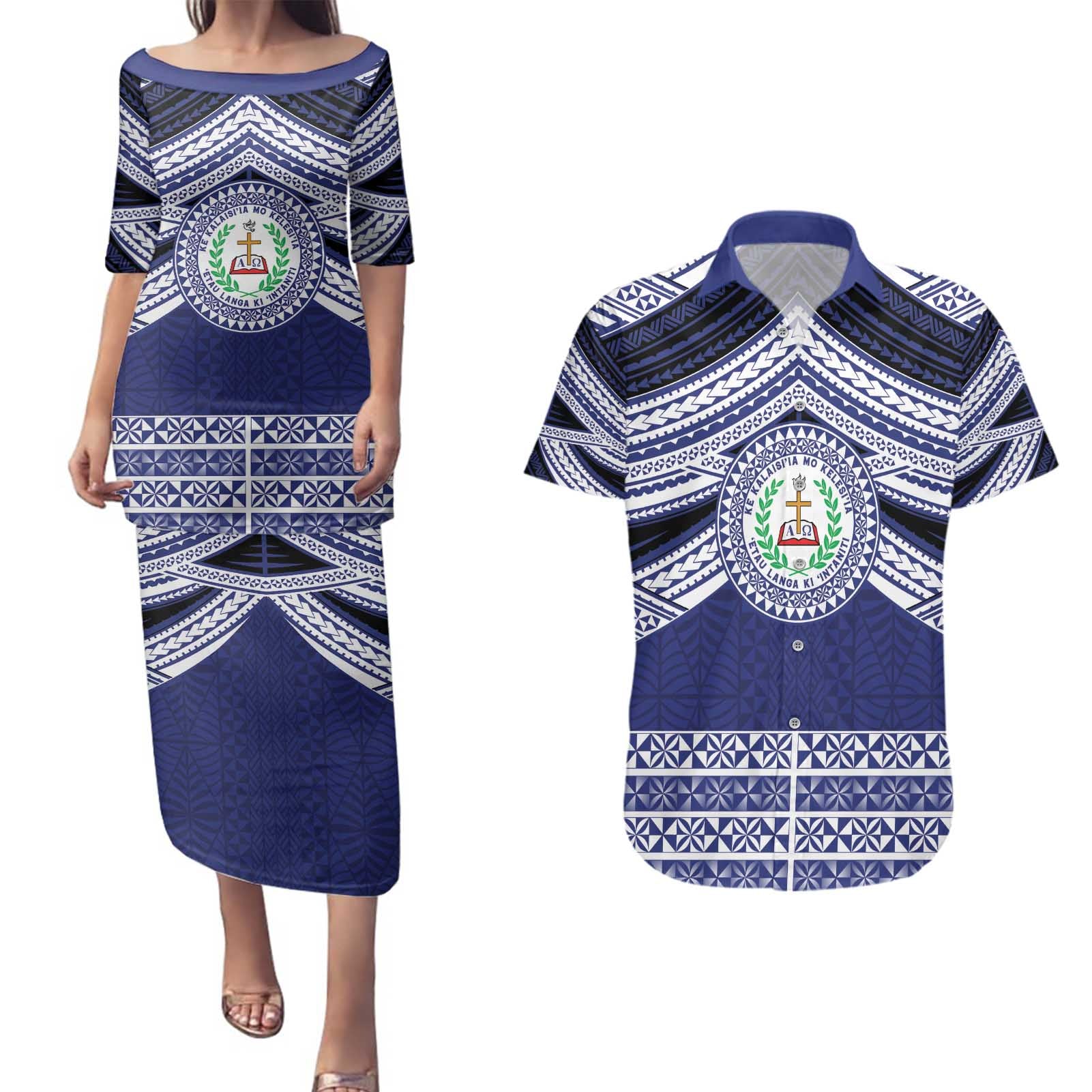 Personalised Tonga Sia'atoutai Theological College Couples Matching Puletasi and Hawaiian Shirt Polynesian Ngatu Tribal
