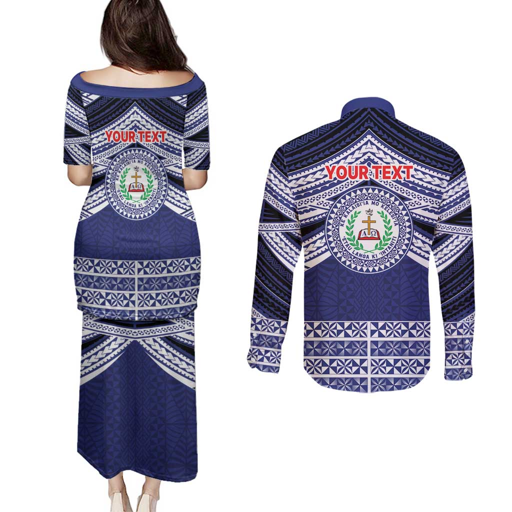 Personalised Tonga Sia'atoutai Theological College Couples Matching Puletasi and Long Sleeve Button Shirt Polynesian Ngatu Tribal