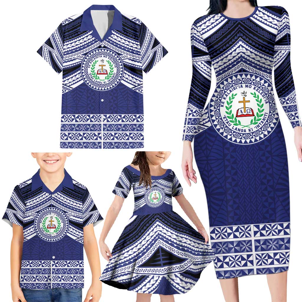 Personalised Tonga Sia'atoutai Theological College Family Matching Long Sleeve Bodycon Dress and Hawaiian Shirt Polynesian Ngatu Tribal