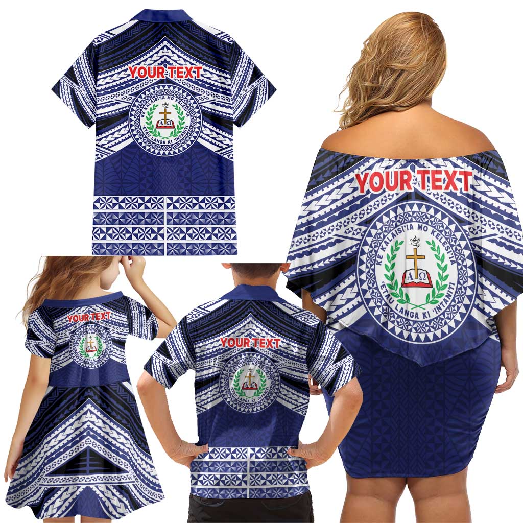 Personalised Tonga Sia'atoutai Theological College Family Matching Off Shoulder Short Dress and Hawaiian Shirt Polynesian Ngatu Tribal