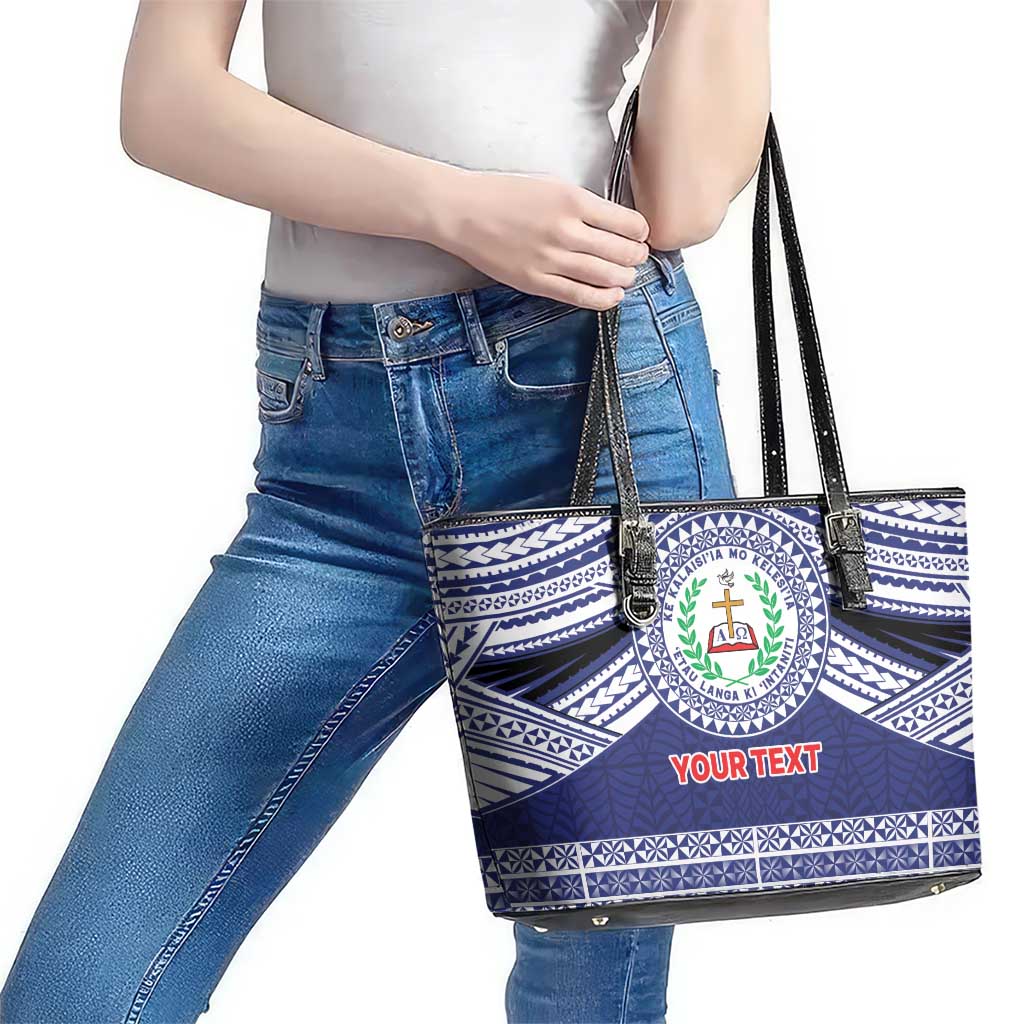 Personalised Tonga Sia'atoutai Theological College Leather Tote Bag Polynesian Ngatu Tribal