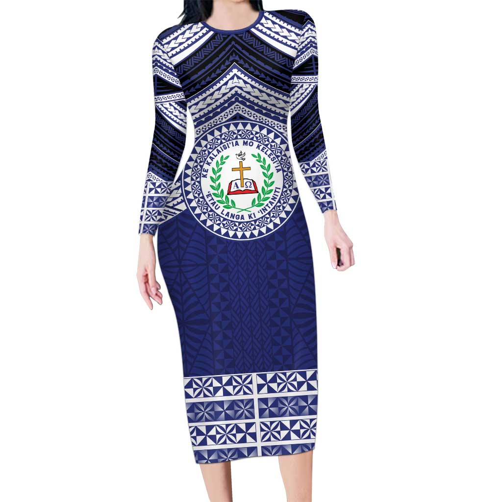 Personalised Tonga Sia'atoutai Theological College Long Sleeve Bodycon Dress Polynesian Ngatu Tribal
