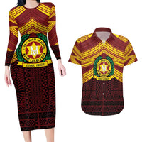 Personalised Tonga Vava'u High School Couples Matching Long Sleeve Bodycon Dress and Hawaiian Shirt Polynesian Ngatu Tribal