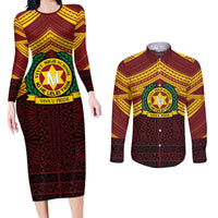 Personalised Tonga Vava'u High School Couples Matching Long Sleeve Bodycon Dress and Long Sleeve Button Shirt Polynesian Ngatu Tribal