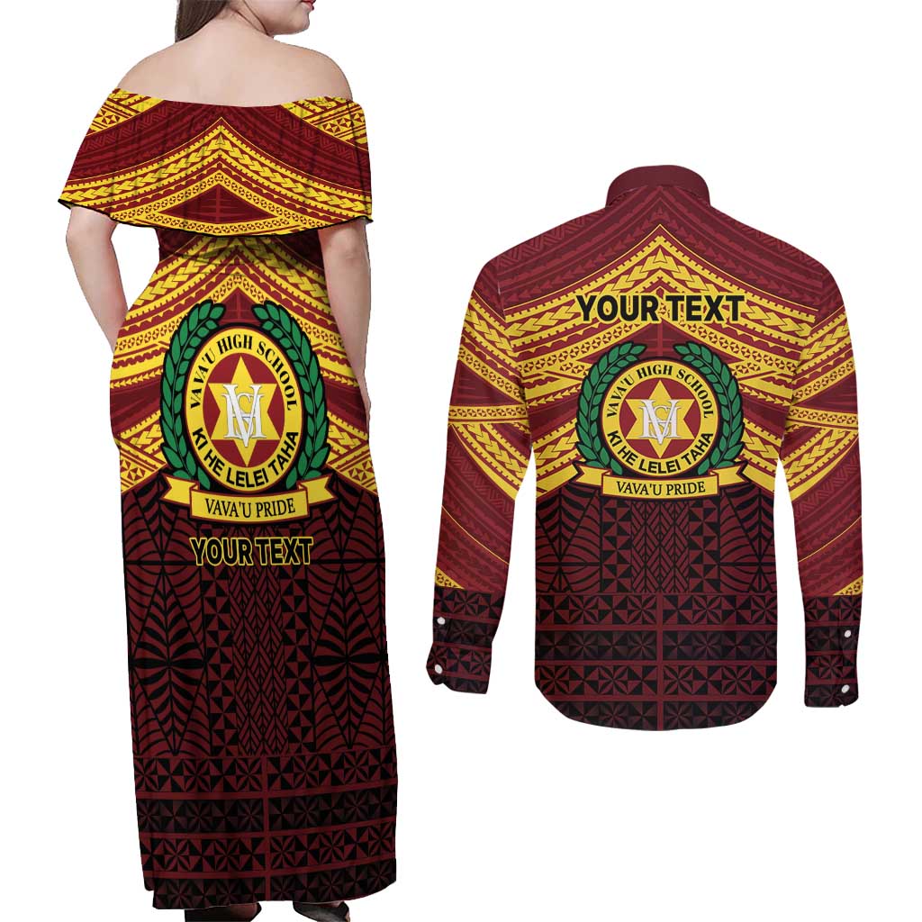 Personalised Tonga Vava'u High School Couples Matching Off Shoulder Maxi Dress and Long Sleeve Button Shirt Polynesian Ngatu Tribal