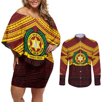Personalised Tonga Vava'u High School Couples Matching Off Shoulder Short Dress and Long Sleeve Button Shirt Polynesian Ngatu Tribal