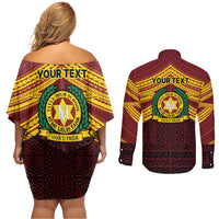 Personalised Tonga Vava'u High School Couples Matching Off Shoulder Short Dress and Long Sleeve Button Shirt Polynesian Ngatu Tribal