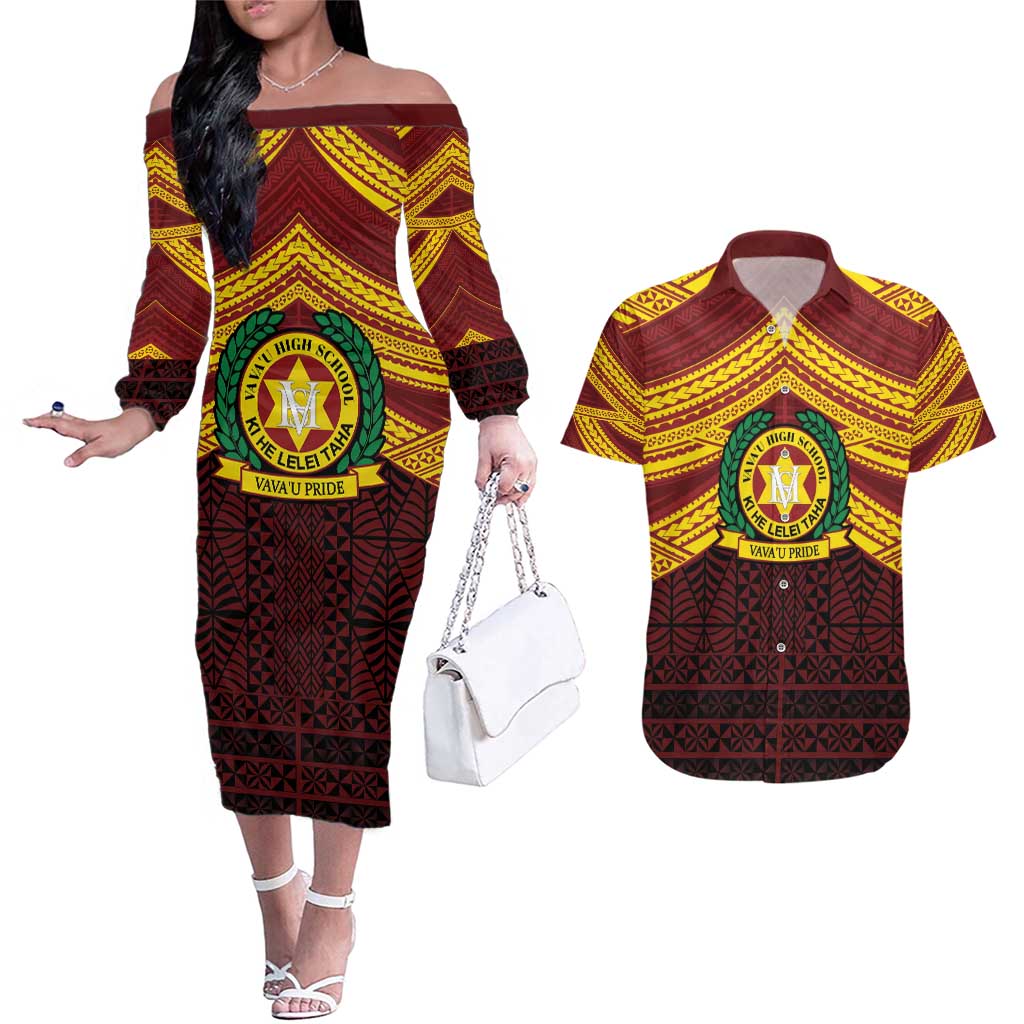 Personalised Tonga Vava'u High School Couples Matching Off The Shoulder Long Sleeve Dress and Hawaiian Shirt Polynesian Ngatu Tribal