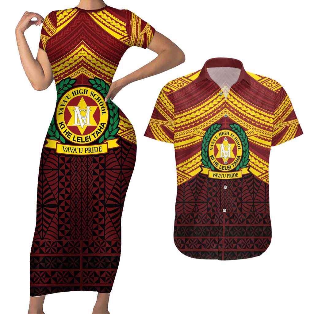 Personalised Tonga Vava'u High School Couples Matching Short Sleeve Bodycon Dress and Hawaiian Shirt Polynesian Ngatu Tribal