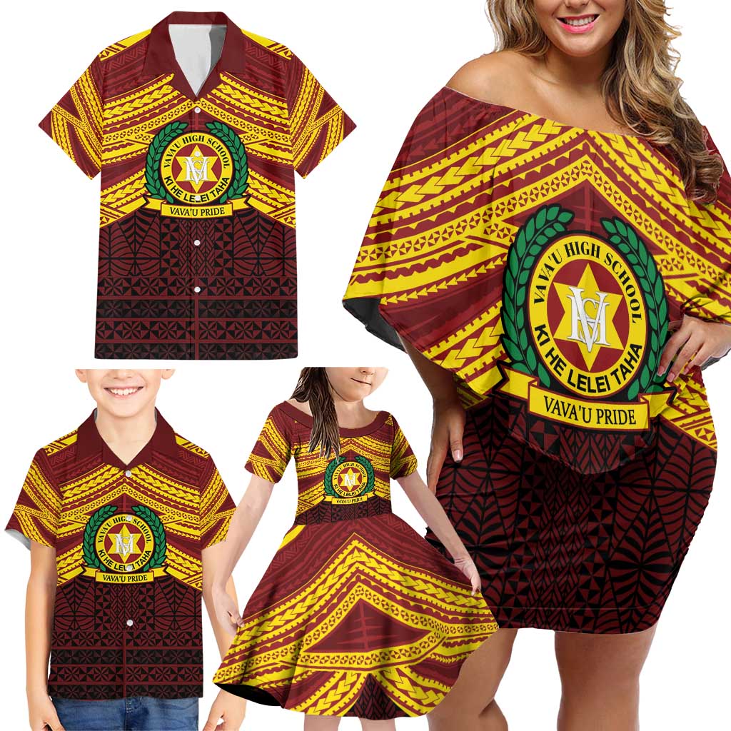 Personalised Tonga Vava'u High School Family Matching Off Shoulder Short Dress and Hawaiian Shirt Polynesian Ngatu Tribal