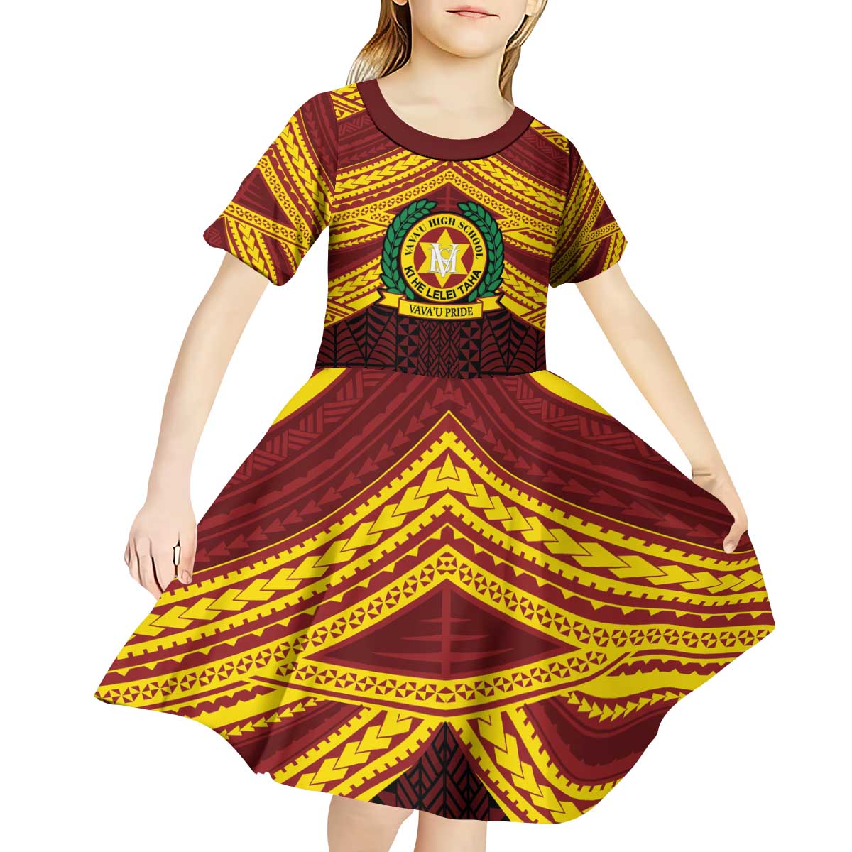 Personalised Tonga Vava'u High School Kid Short Sleeve Dress Polynesian Ngatu Tribal