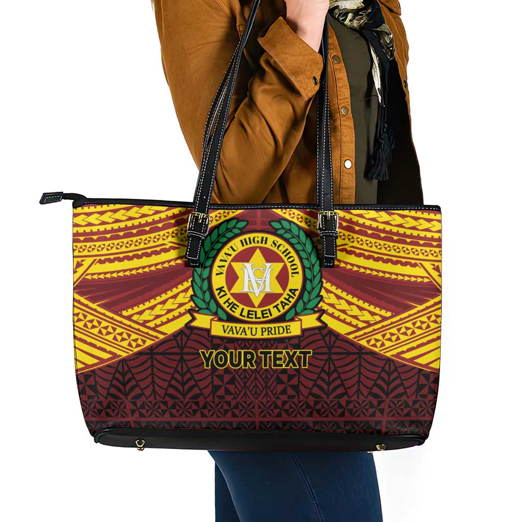 Personalised Tonga Vava'u High School Leather Tote Bag Polynesian Ngatu Tribal