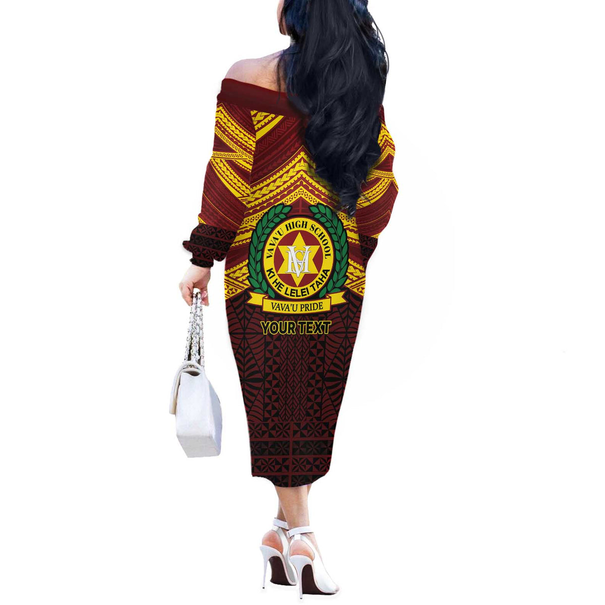 Personalised Tonga Vava'u High School Off The Shoulder Long Sleeve Dress Polynesian Ngatu Tribal