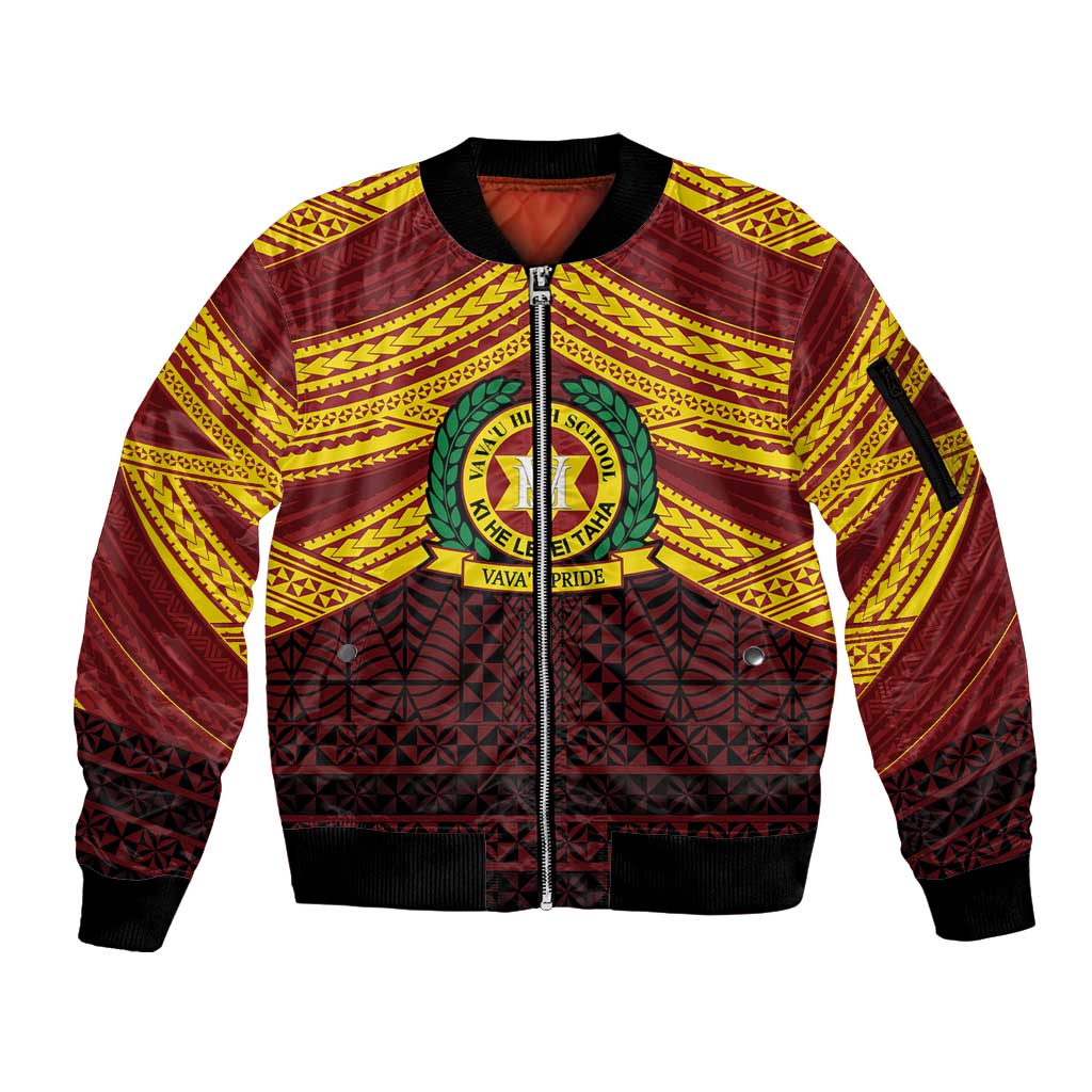 Personalised Tonga Vava'u High School Sleeve Zip Bomber Jacket Polynesian Ngatu Tribal