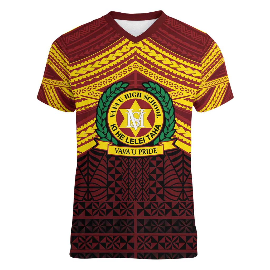 Personalised Tonga Vava'u High School Women V-Neck T-Shirt Polynesian Ngatu Tribal