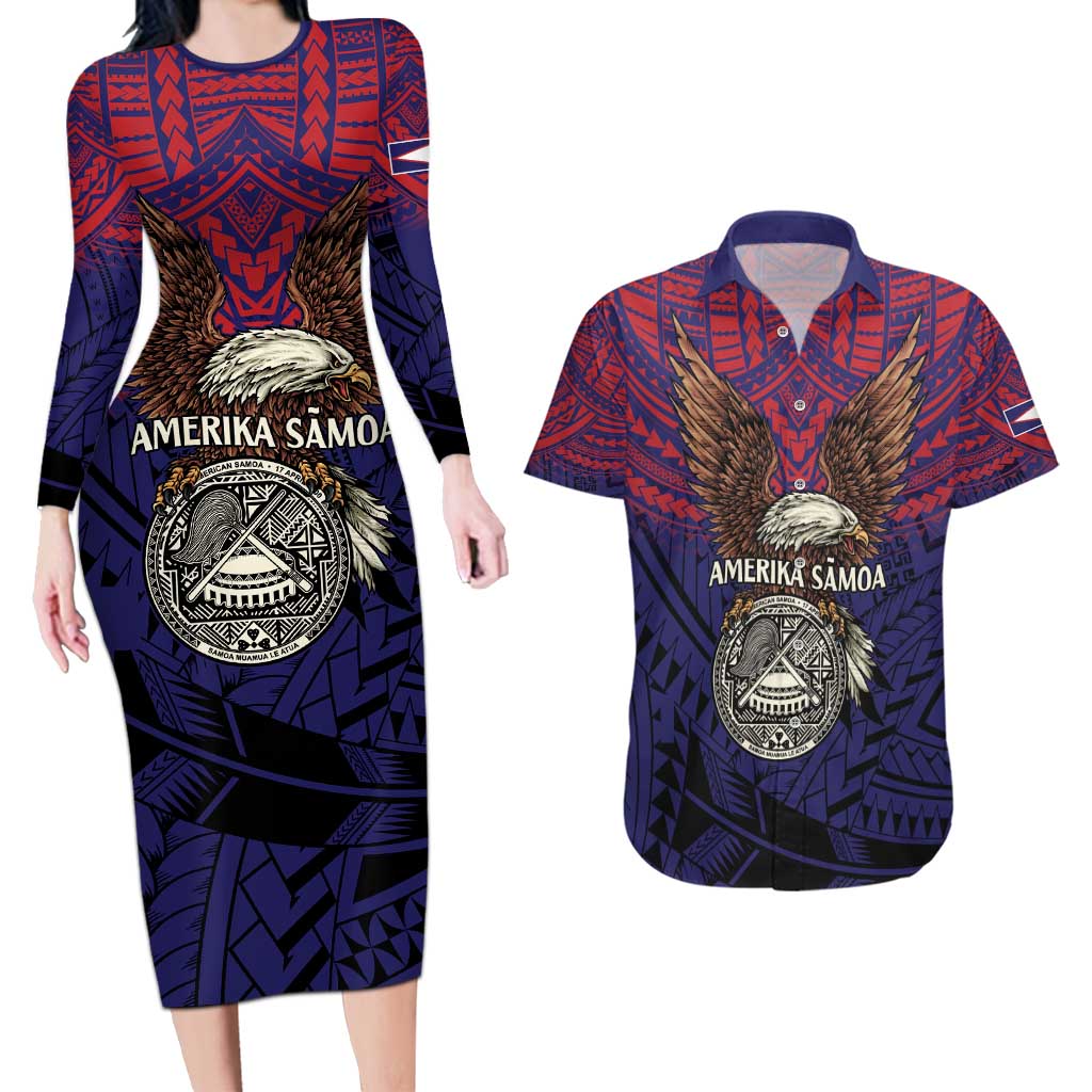 American Samoa Brave Eagle Personalized Couples Matching Long Sleeve Bodycon Dress and Hawaiian Shirt National Flag Color