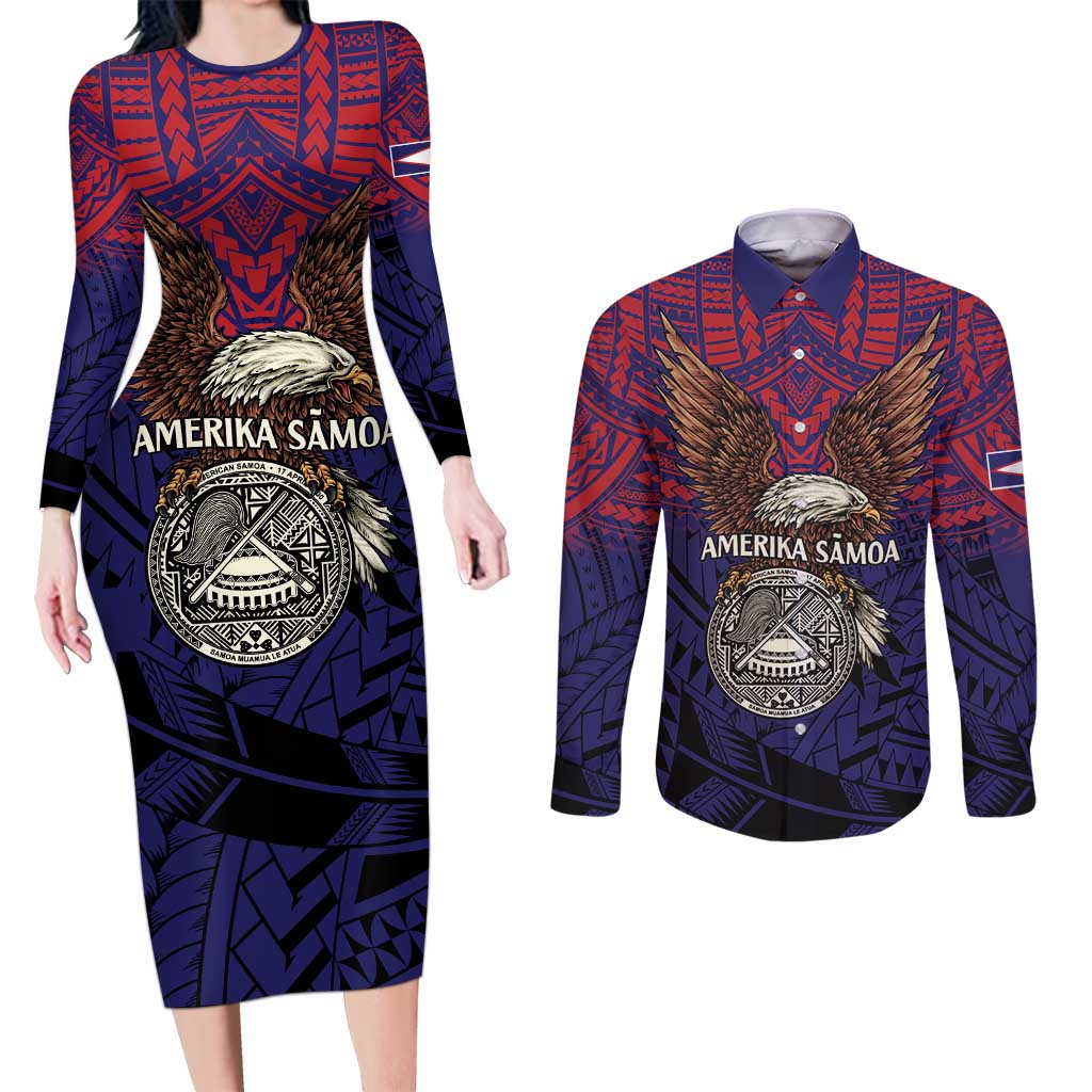 American Samoa Brave Eagle Personalized Couples Matching Long Sleeve Bodycon Dress and Long Sleeve Button Shirt National Flag Color