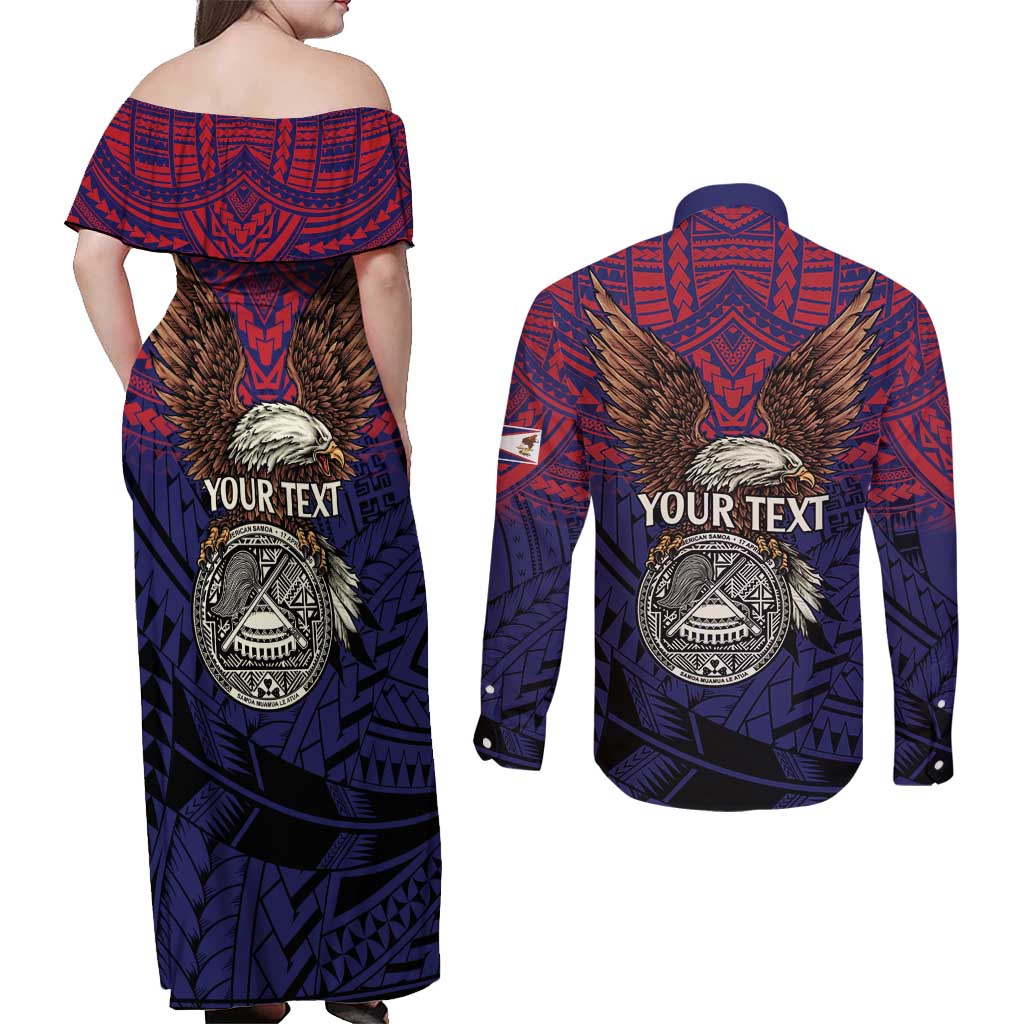American Samoa Brave Eagle Personalized Couples Matching Off Shoulder Maxi Dress and Long Sleeve Button Shirt National Flag Color