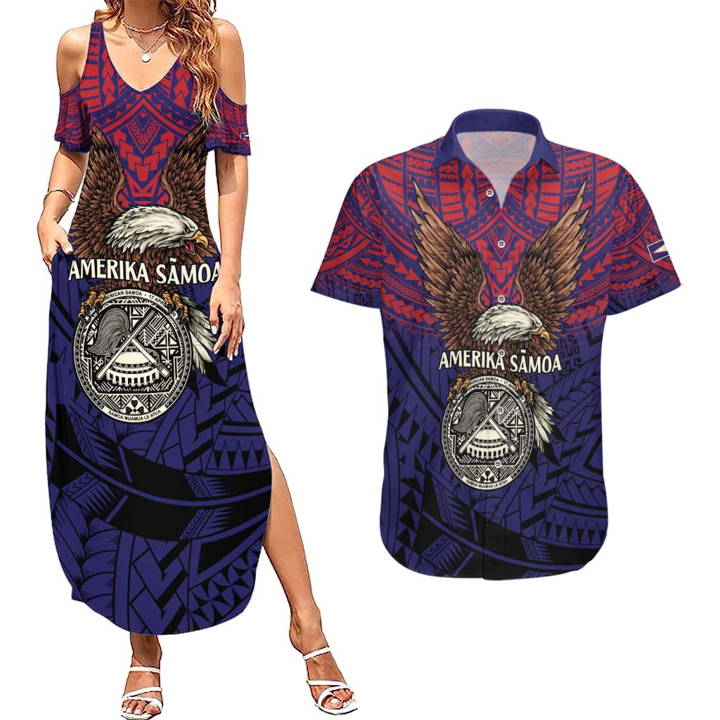 American Samoa Brave Eagle Personalized Couples Matching Summer Maxi Dress and Hawaiian Shirt National Flag Color