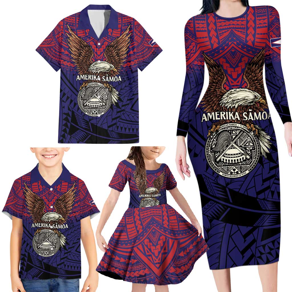 American Samoa Brave Eagle Personalized Family Matching Long Sleeve Bodycon Dress and Hawaiian Shirt National Flag Color