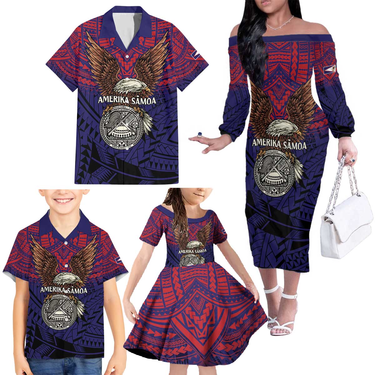 American Samoa Brave Eagle Personalized Family Matching Off The Shoulder Long Sleeve Dress and Hawaiian Shirt National Flag Color