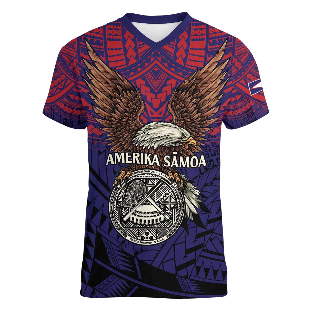 American Samoa Brave Eagle Personalized Women V-Neck T-Shirt National Flag Color LT9 Female Blue - Polynesian Pride