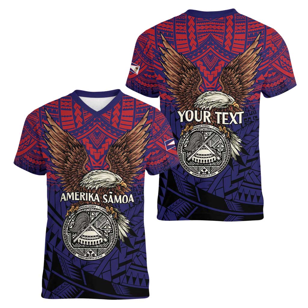 American Samoa Brave Eagle Personalized Women V-Neck T-Shirt National Flag Color LT9 - Polynesian Pride