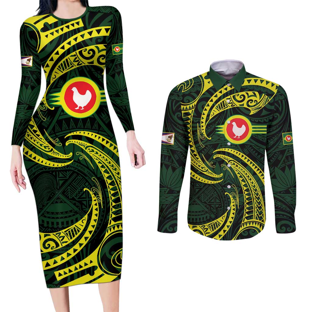 American Samoa Manua Cession Day Personalized Couples Matching Long Sleeve Bodycon Dress and Long Sleeve Button Shirt Polynesian Wave Style