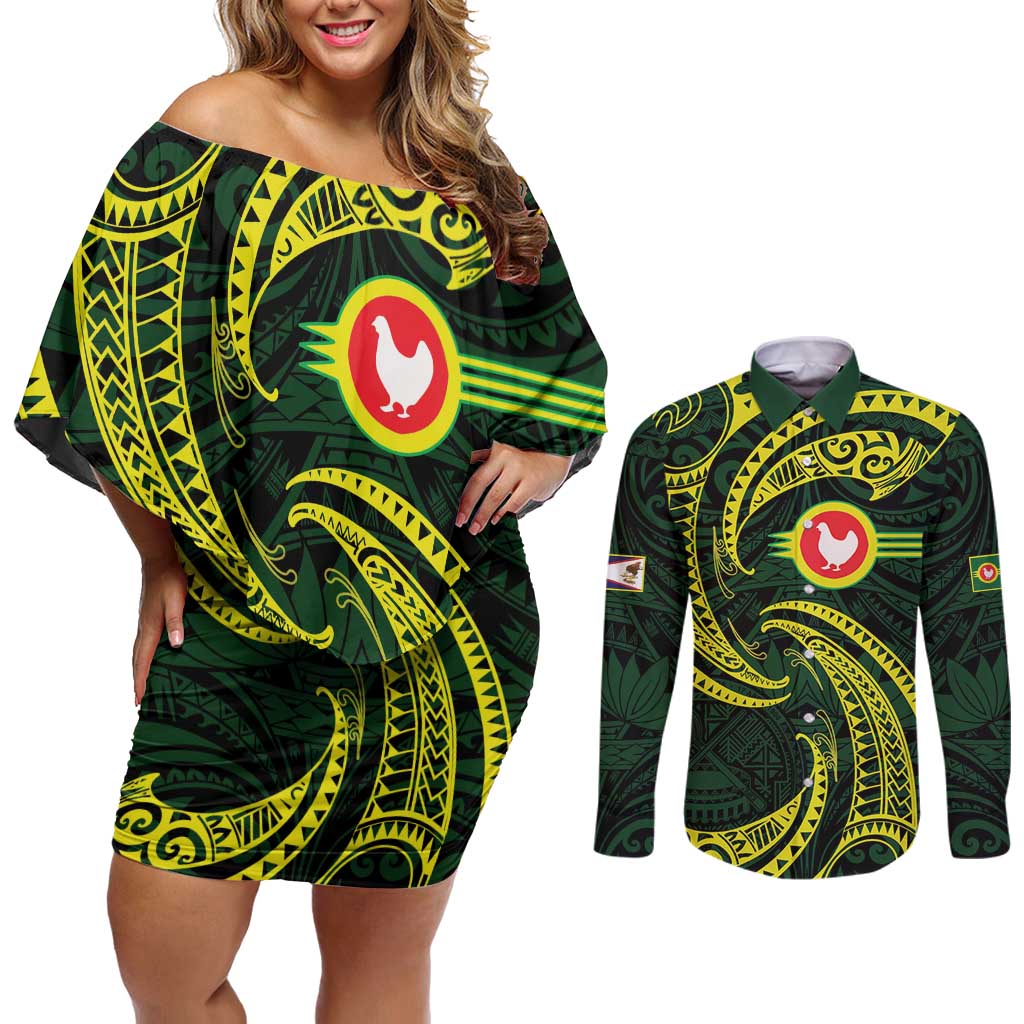 American Samoa Manua Cession Day Personalized Couples Matching Off Shoulder Short Dress and Long Sleeve Button Shirt Polynesian Wave Style