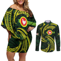 American Samoa Manua Cession Day Personalized Couples Matching Off Shoulder Short Dress and Long Sleeve Button Shirt Polynesian Wave Style