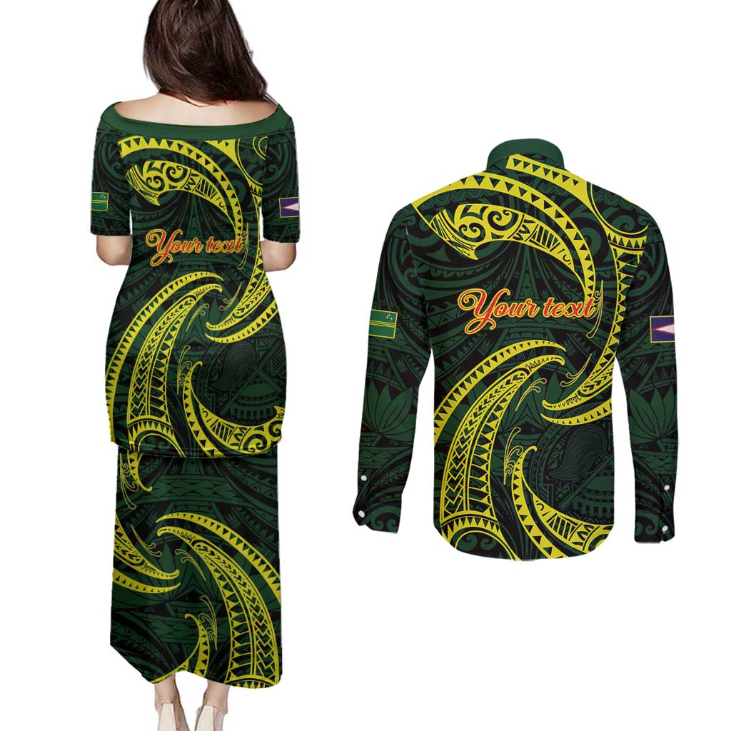 American Samoa Manua Cession Day Personalized Couples Matching Puletasi and Long Sleeve Button Shirt Polynesian Wave Style
