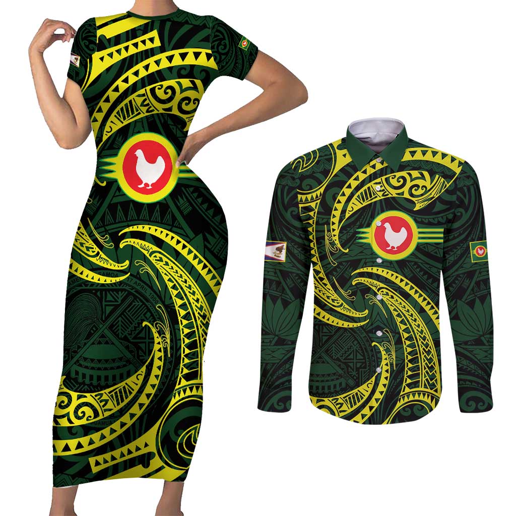 American Samoa Manua Cession Day Personalized Couples Matching Short Sleeve Bodycon Dress and Long Sleeve Button Shirt Polynesian Wave Style