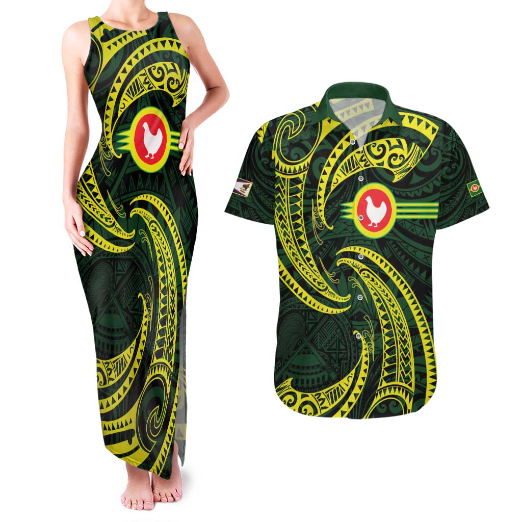 American Samoa Manua Cession Day Personalized Couples Matching Tank Maxi Dress and Hawaiian Shirt Polynesian Wave Style