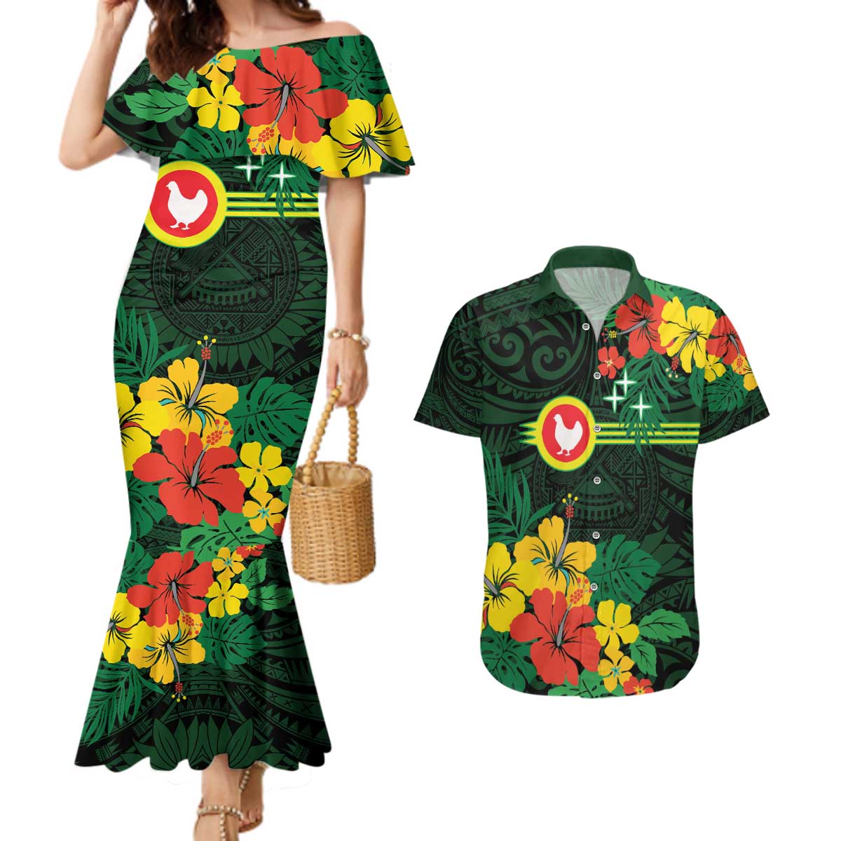 American Samoa Manu'atele Personalized Couples Matching Mermaid Dress and Hawaiian Shirt Manua Island Hibiscus Flowers