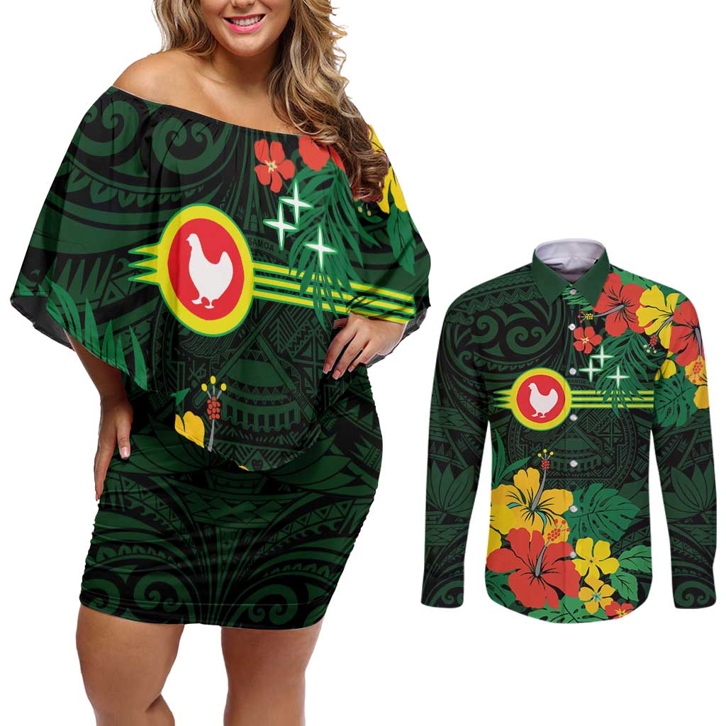 American Samoa Manu'atele Personalized Couples Matching Off Shoulder Short Dress and Long Sleeve Button Shirt Manua Island Hibiscus Flowers