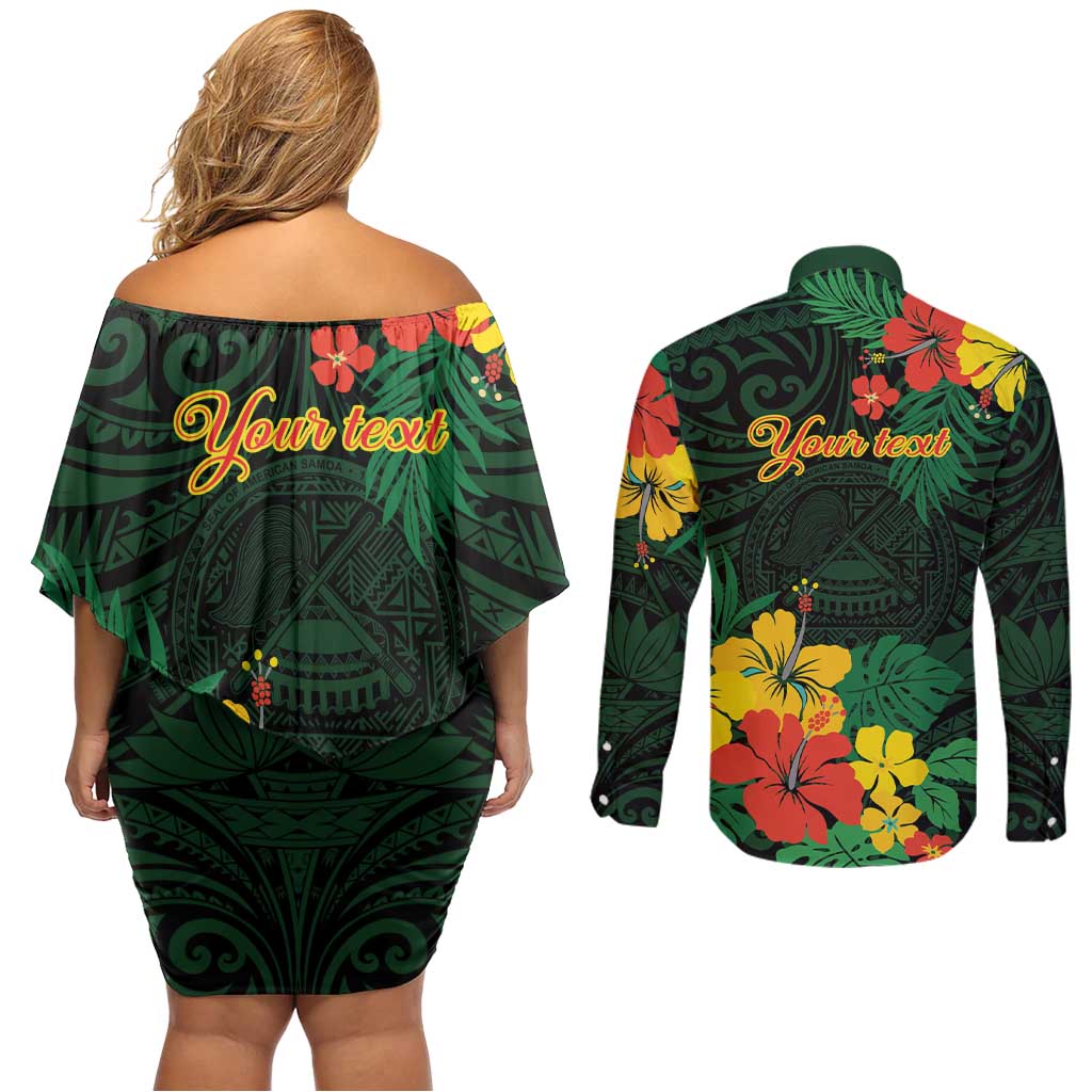 American Samoa Manu'atele Personalized Couples Matching Off Shoulder Short Dress and Long Sleeve Button Shirt Manua Island Hibiscus Flowers